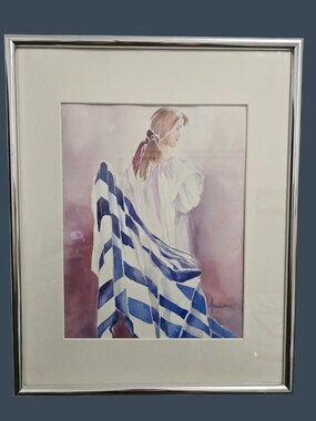 Woman With Blue & White Striped Cloth Watercolor By Hennessey In Silver Frame